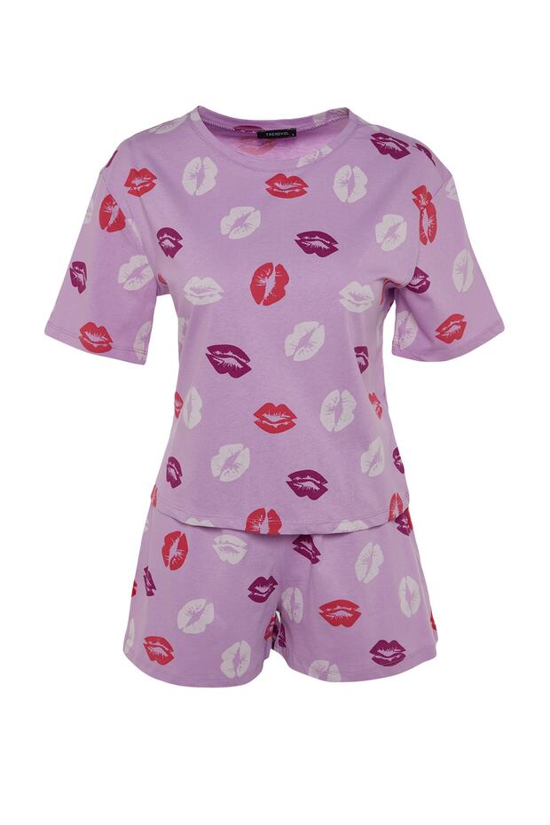 Lila %100 Pamuklu Dudak Desenli Şortlu Örme Pijama Takımı THMSS21PT0468 - 7