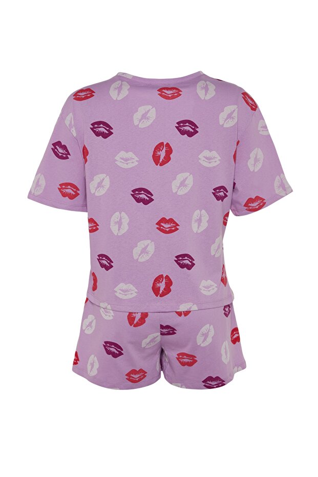 Lila %100 Pamuklu Dudak Desenli Şortlu Örme Pijama Takımı THMSS21PT0468 - 9