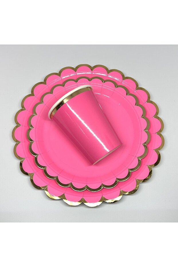 Makaron Fuşya Altın Yaldızlı Karton Parti Tabak 8 Adet-18cm - 3