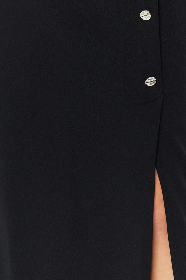 Czarna, inteligentna krepa, zapinana na guziki, szczegółowa, ołówkowa spódnica midi z wysokim stanem, z dzianiny ze stretchem TWOSS23ET00320 - 6