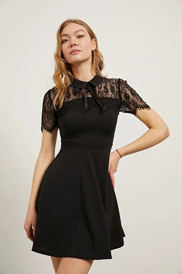 Omuz Dantelli Mini Elbise - 3