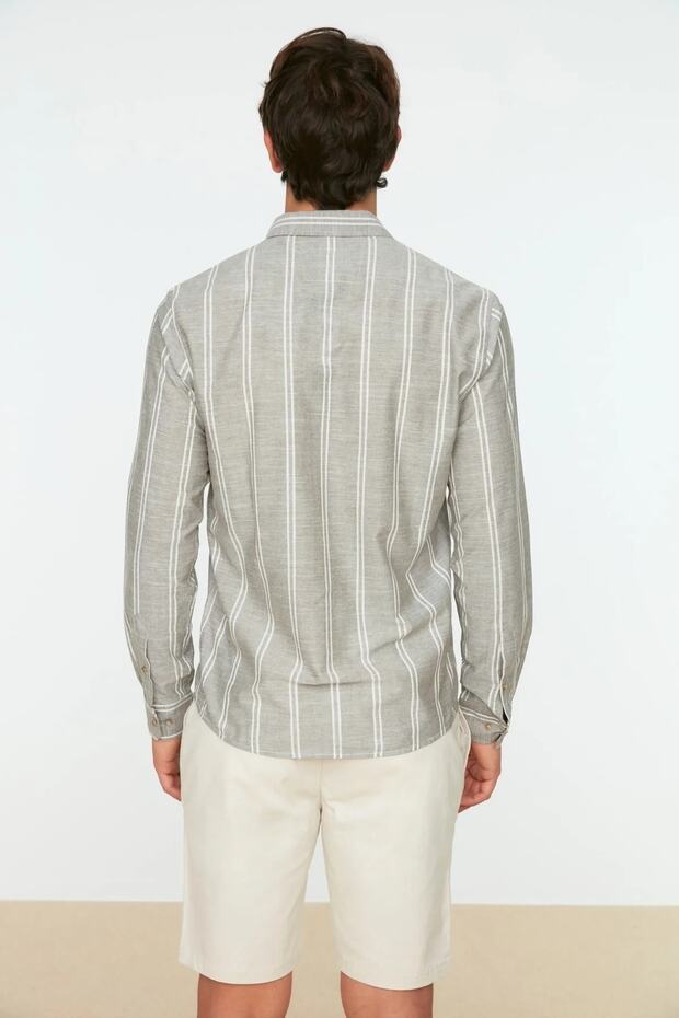 Haki Slim Fit Düğmeli Yaka İnce Çizgili Gömlek TMNSS20GO0092 - 9