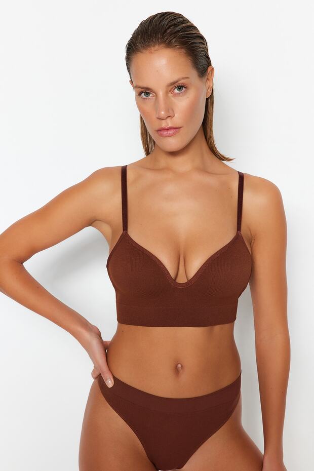Kahverengi Seamless/Dikişsiz İp Askılı Dolgusuz Balensiz Kaplı Bralette Örme Sütyen THMAW22SU0043 - 2