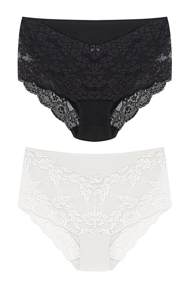 2-Piece Large Size Cotton Bato Women's Panties with Lace Front and Back