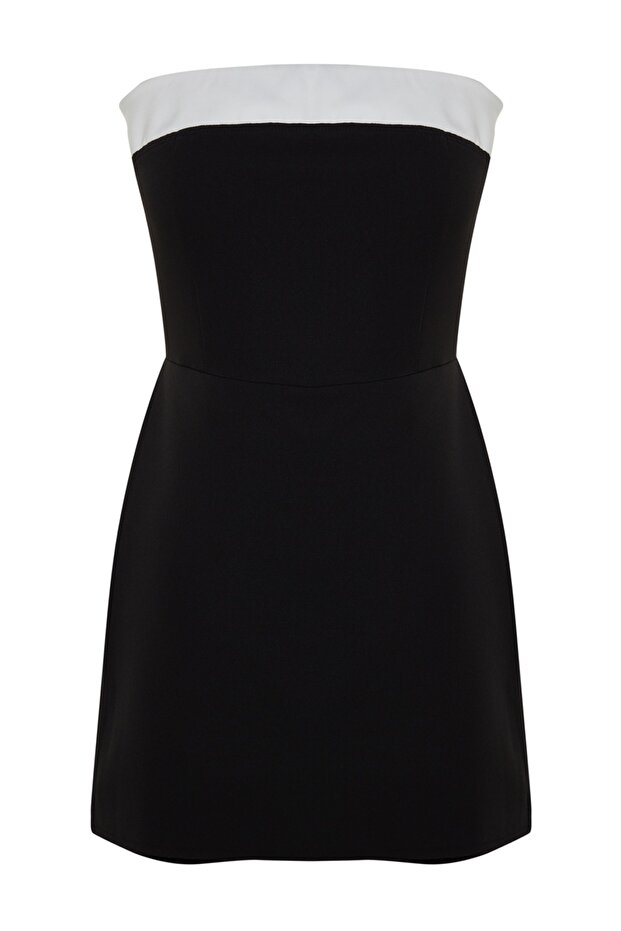 Siyah Straplez Renk Bloklu Mini Dokuma Şort Tulum TWOSS23TU00131 - 6