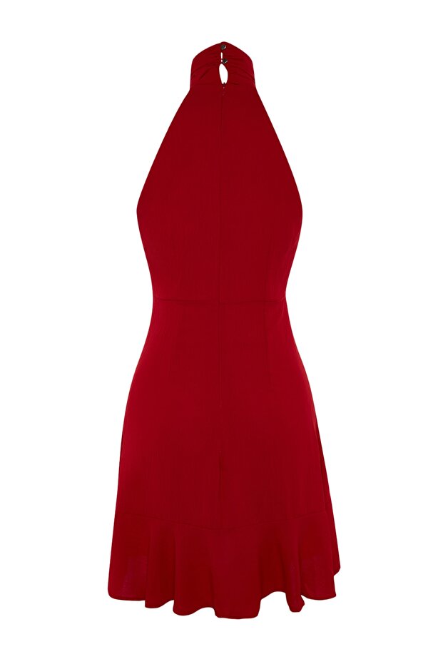 Kırmızı Halter Yaka A Kesim Astarlı Mini Dokuma Elbise TWOSS21EL1538 - 8