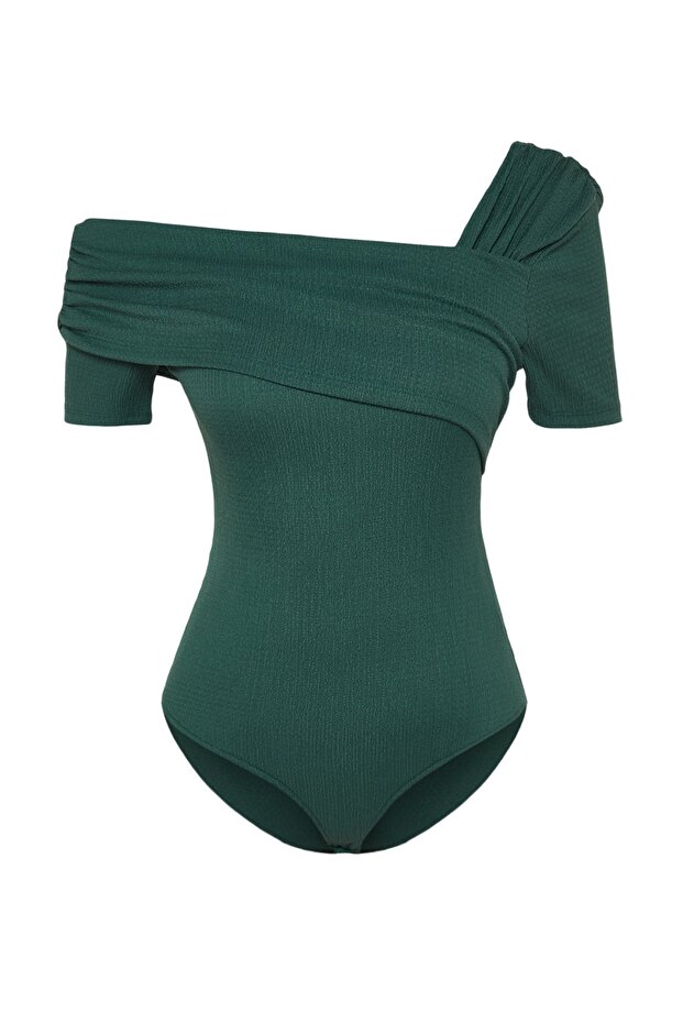 Zümrüt Yeşili Asimetrik Yakalı Fitted/Vücuda Oturan Çıtçıtlı Örme Body TWOSS23BD00060 - 7