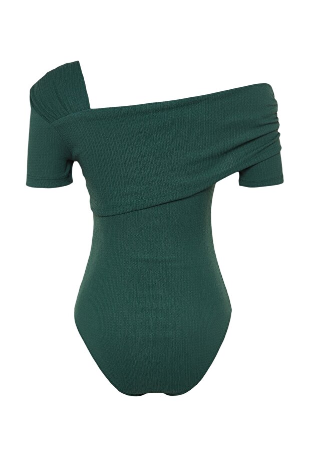 Zümrüt Yeşili Asimetrik Yakalı Fitted/Vücuda Oturan Çıtçıtlı Örme Body TWOSS23BD00060 - 8