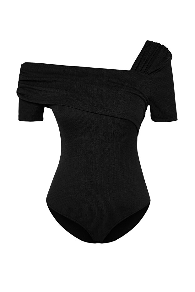 Siyah Asimetrik Yakalı Fitted/Vücuda Oturan Çıtçıtlı Örme Body TWOSS23BD00060 - 7
