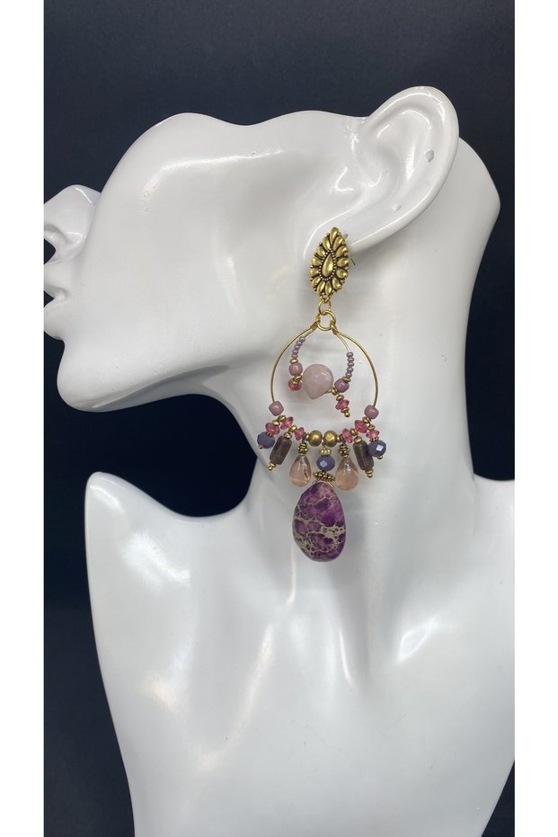 Handmade Natural Stone (Varasite) Afghan and Glass Beaded Women's Earrings with Brass Apparatus