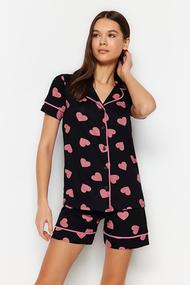 Heart Patterned 100% Cotton Shirt and Shorts Sleepwear Set - THMSS21PT1200 - 1