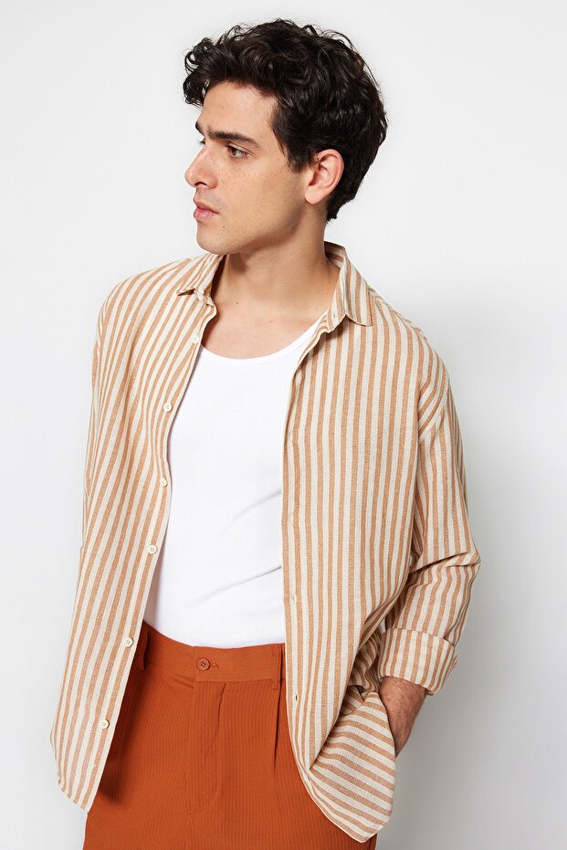 Taş Regular Fit Çizgili Dokulu Keten Görünümlü Gömlek TMNSS23GO00062 - 3
