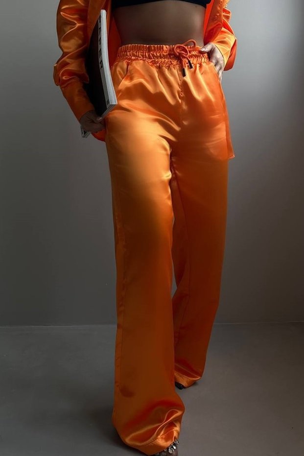 Women's Raised Waist Loose Leg Pocket Detailed Lace-up Orange Trousers 9139