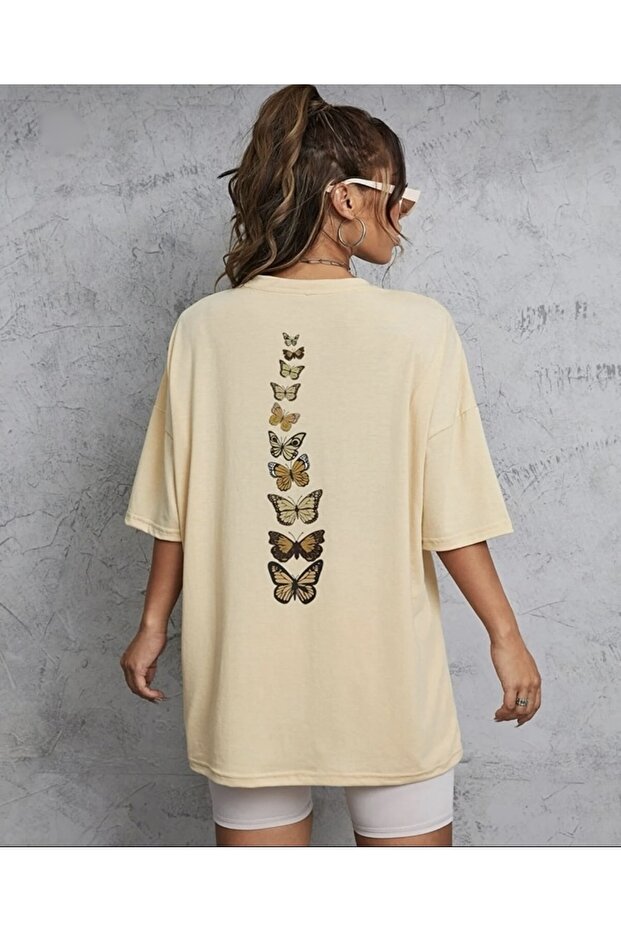 Women's Beige Back Detail Butterfly Printed Oversize T-shirt
