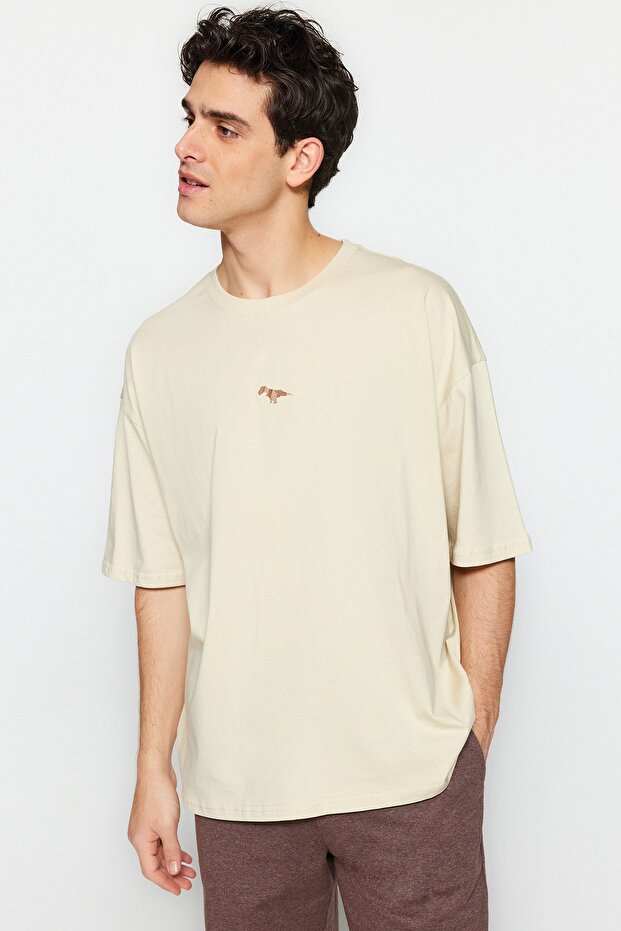 Taş Oversize/Geniş Kesim Bisiklet Yaka Kısa Kol Dinozor İşlemeli T-Shirt TMNSS23TS00243 - 3