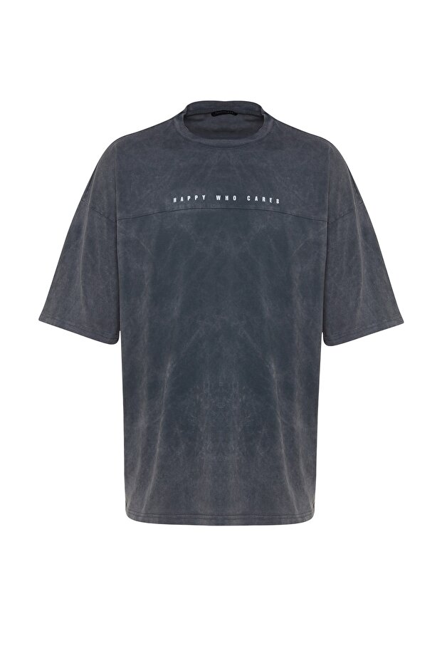 Antrasit Oversize/Geniş Kesim Soluk Efektli Yazı Baskılı %100 Pamuklu T-Shirt TMNSS23TS00174 - 11