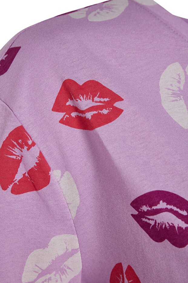 Lila %100 Pamuklu Dudak Desenli Şortlu Örme Pijama Takımı THMSS21PT0468 - 8