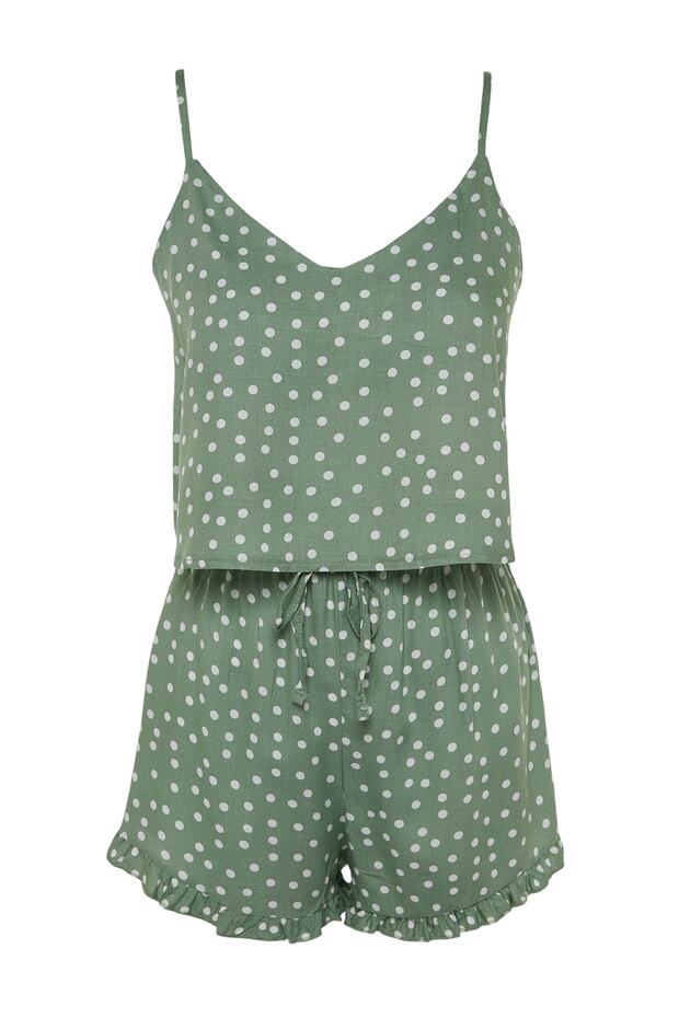Mint Puantiyeli Fırfır Detaylı İp Askılı Viskon Şortlu Dokuma Pijama Takımı THMSS21PT0742 - 8