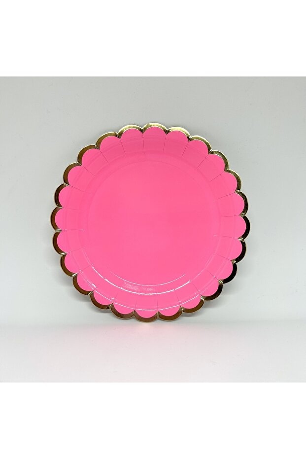 Makaron Fuşya Altın Yaldızlı Karton Parti Tabak 8 Adet-18cm - 1