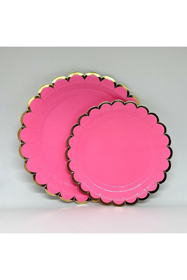 Makaron Fuşya Altın Yaldızlı Karton Parti Tabak 8 Adet-18cm - 2