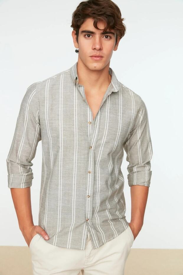 Haki Slim Fit Düğmeli Yaka İnce Çizgili Gömlek TMNSS20GO0092 - 5
