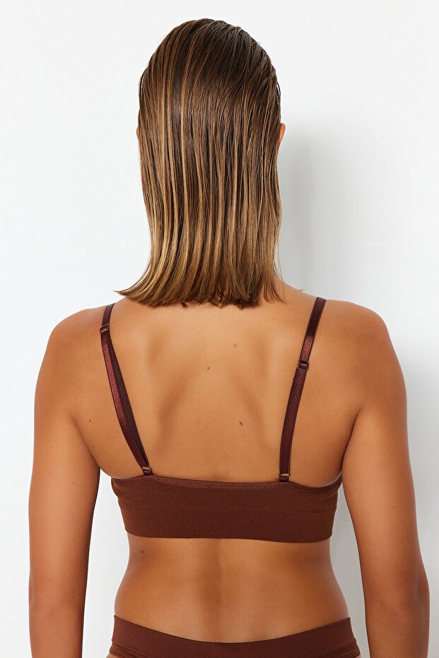 Kahverengi Seamless/Dikişsiz İp Askılı Dolgusuz Balensiz Kaplı Bralette Örme Sütyen THMAW22SU0043 - 8