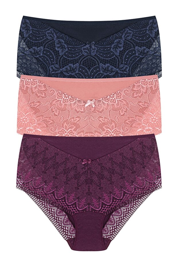 3-Piece Large Size Cotton Bato Women's Panties with Lace Front and Back
