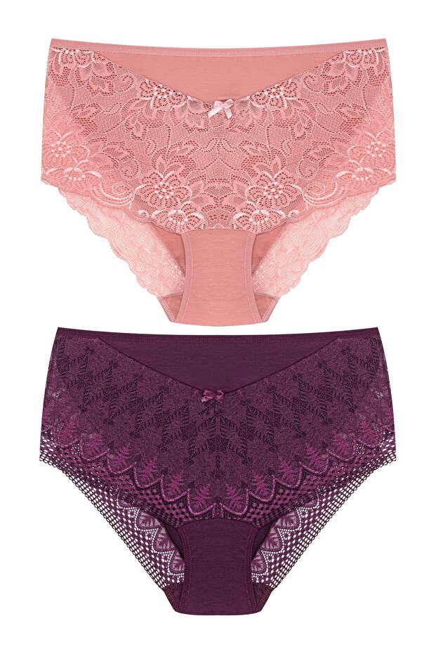 2-Piece Large Size Cotton Bato Women's Panties with Lace Front and Back