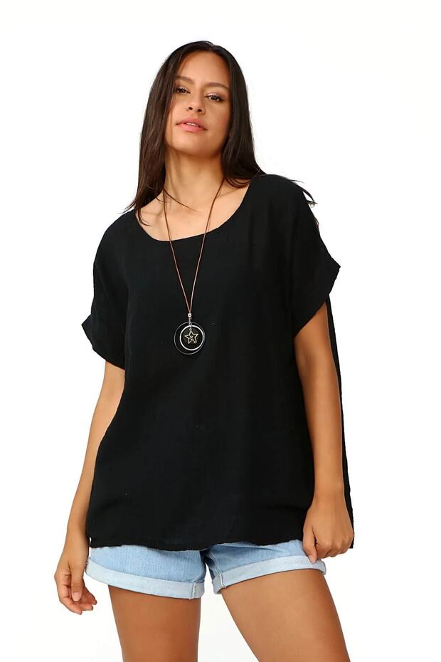 Women's Italian Black Oversize Casual Blouse with Necklace Accessories