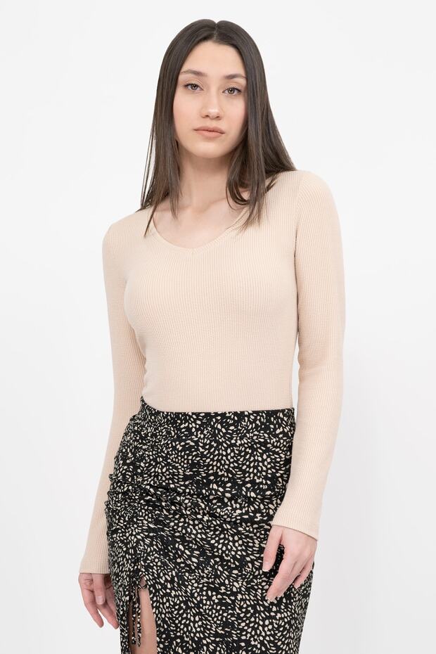 Kadın Bej V Yaka Uzun Kollu Fitilli Örme Basic Bluz - 3