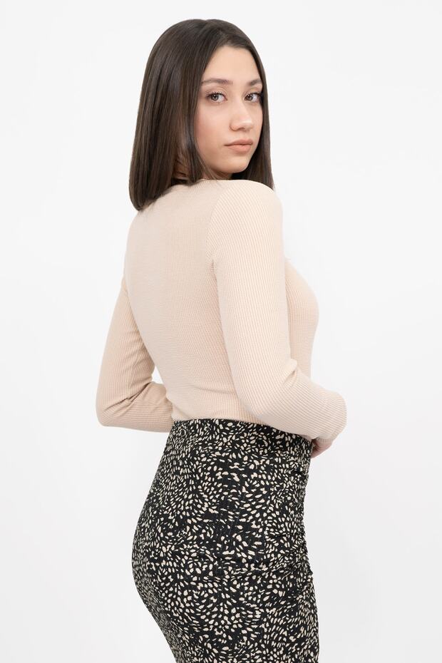 Kadın Bej V Yaka Uzun Kollu Fitilli Örme Basic Bluz - 5