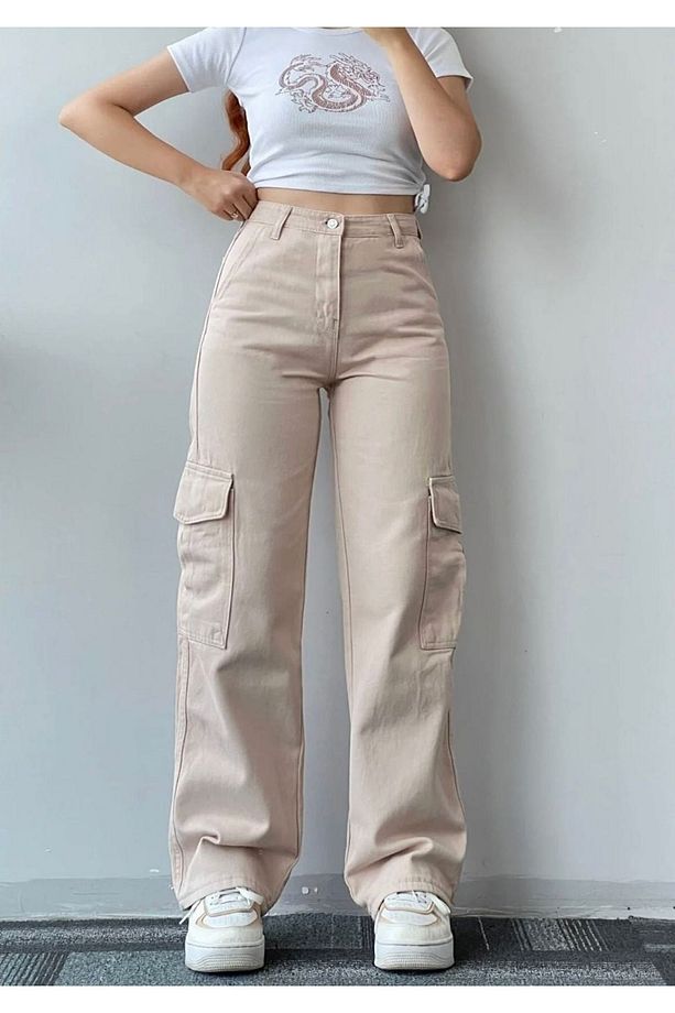 Kadın Bej Kargo Cep Palazzo Wide Leg Bej Kargo Cep Pantolon - 1