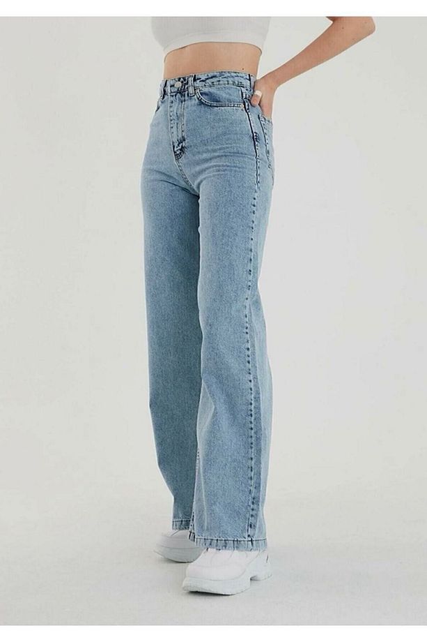 Dora Kadın Kar Yıkama Mavi Süper Yüksek Bel Salaş Jeans Palazzo Pantolon - 1