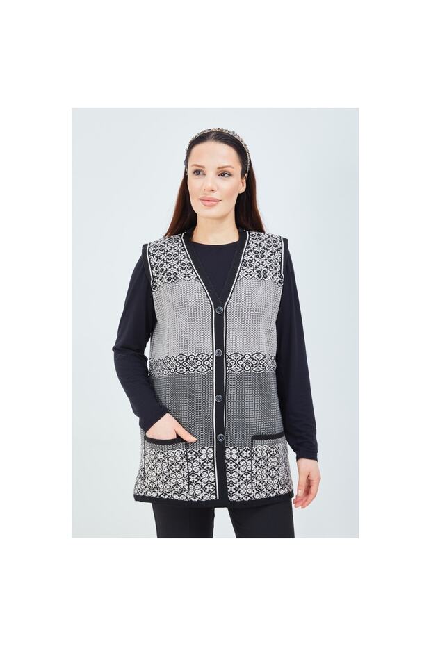 Women's Black and White Patterned Knitwear Buttoned Pocket Winter Mother Vest