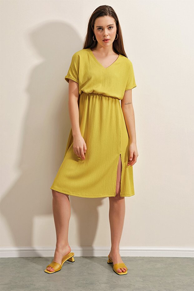 2378 V-Neck Slit Knitted Dress - Yellow
