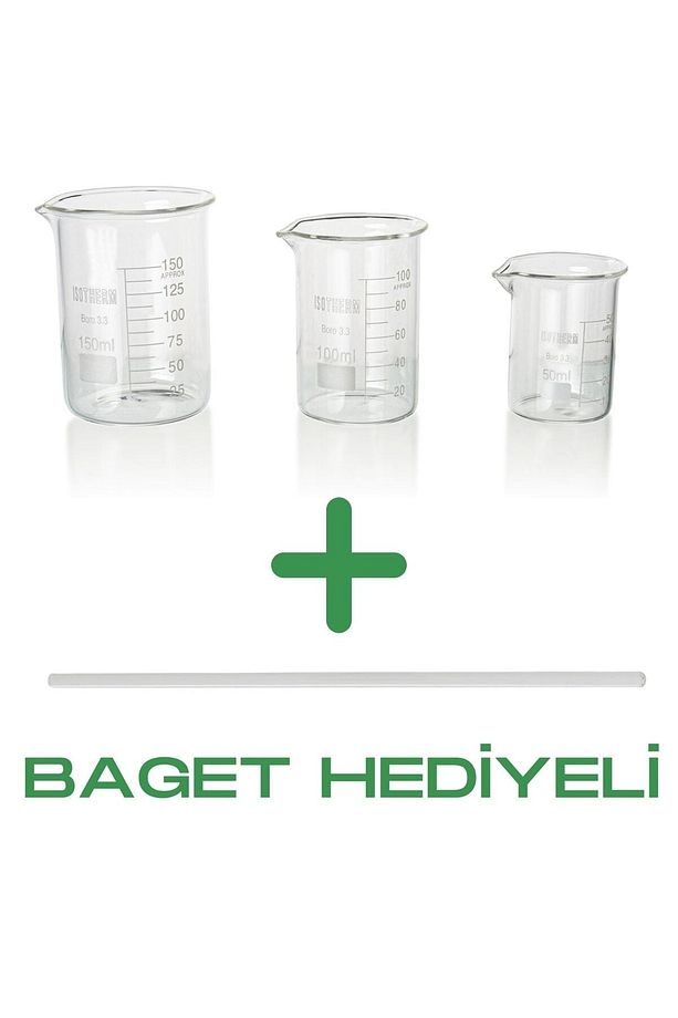 Beherglass 3'lü Set, 1 Adet 150ml, 1 Adet 100ml, 1 Adet 50ml Ve 1 Adet 6mmx25cm Baget Çubuk - 1