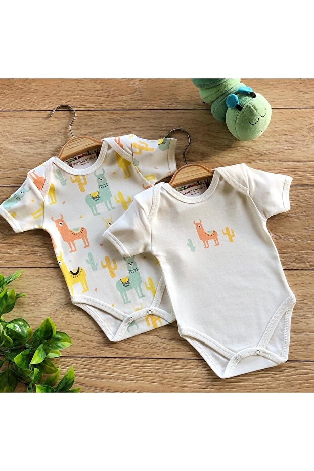 2-Piece Cotton Baby Short Sleeve Snap-On Bodysuit Set Lama