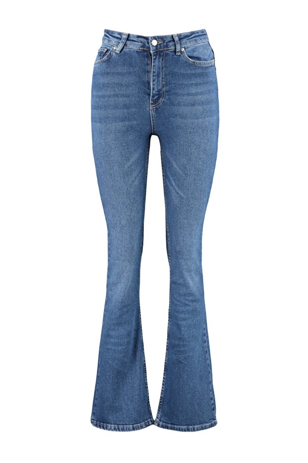 More Sustainable Koyu Mavi Yüksek Bel Orta Esnek Flare İspanyol Paça Jeans TWOSS23JE00063 - 5
