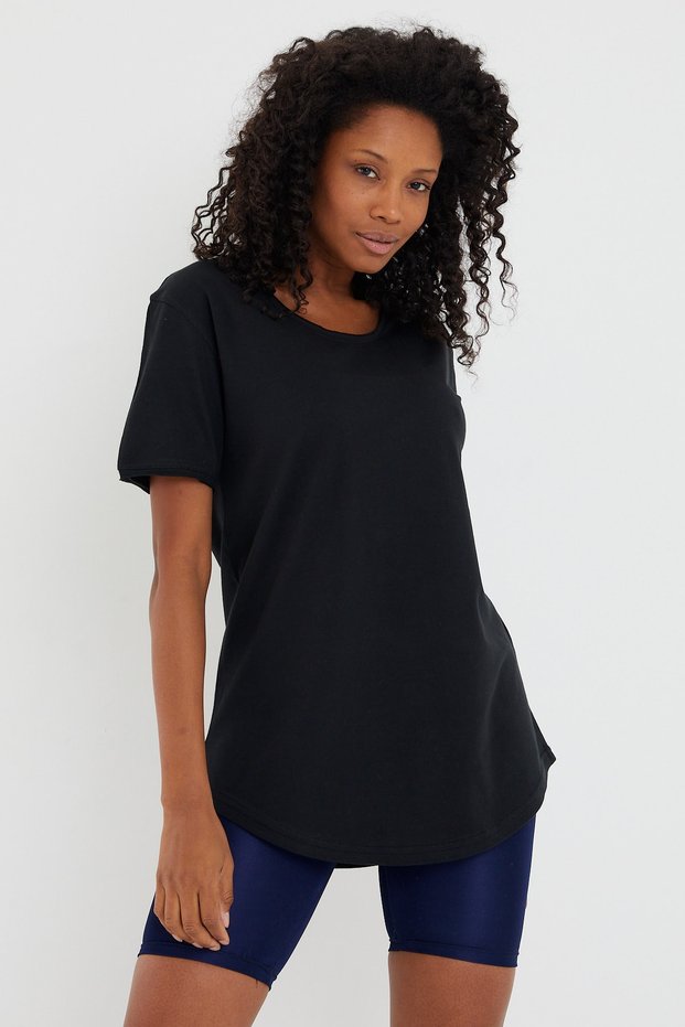 Women's Black Oval Skirt Wide Collar 100% Cotton Short Sleeve T-Shirt