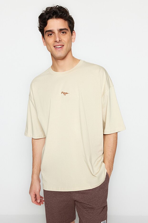 Taş Oversize/Geniş Kesim Bisiklet Yaka Kısa Kol Dinozor İşlemeli T-Shirt TMNSS23TS00243 - 5