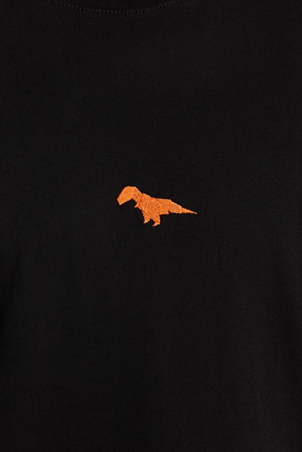 Siyah Oversize/Geniş Kesim Bisiklet Yaka Kısa Kol Dinozor İşlemeli T-Shirt TMNSS23TS00243 - 5