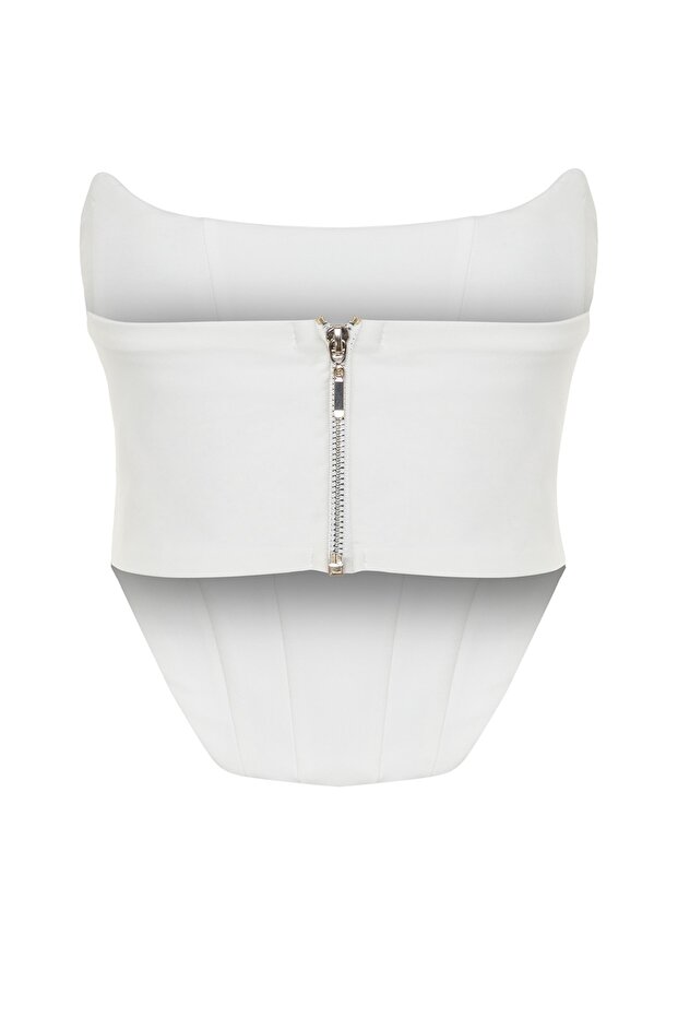 Beyaz Crop Astarlı Korse Detaylı Dokuma Büstiyer TPRSS21BS0032 - 9