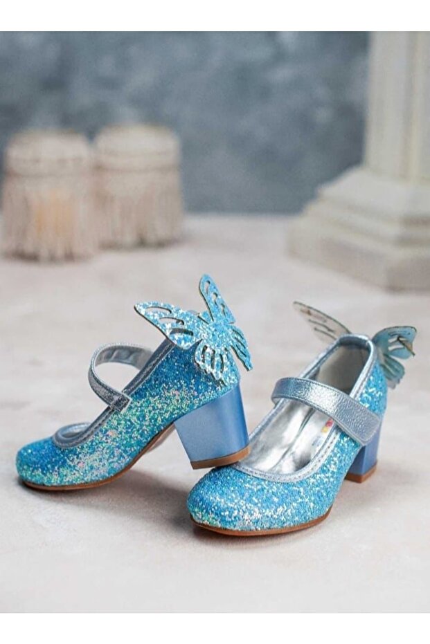 Girl's Butterfly Figured Blue High Heeled Shoes