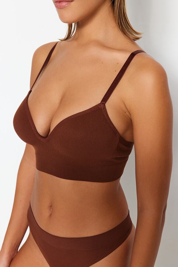 Kahverengi Seamless/Dikişsiz İp Askılı Dolgusuz Balensiz Kaplı Bralette Örme Sütyen THMAW22SU0043 - 7