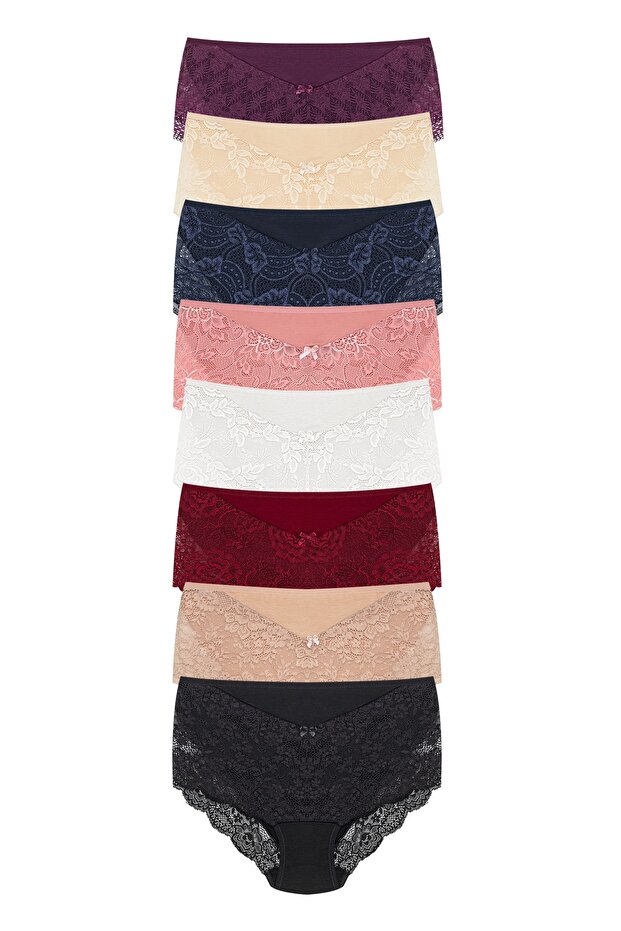 8-Piece Large Size Cotton Bato Women's Panties with Lace Front and Back