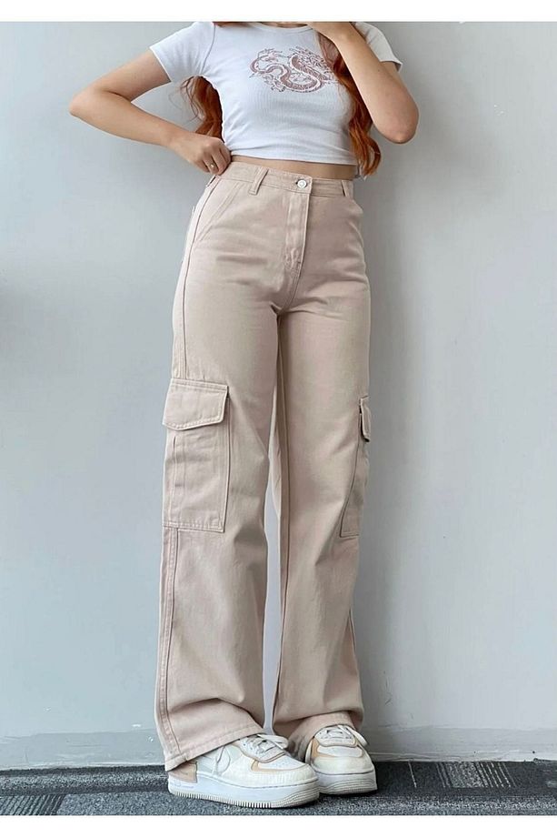 Kadın Bej Kargo Cep Palazzo Wide Leg Bej Kargo Cep Pantolon - 2