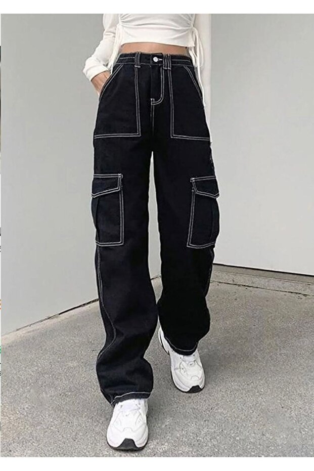 Women's High Waist White Stitched Black Cargo Pocket Jeans Cargo Pocket Denim Trousers