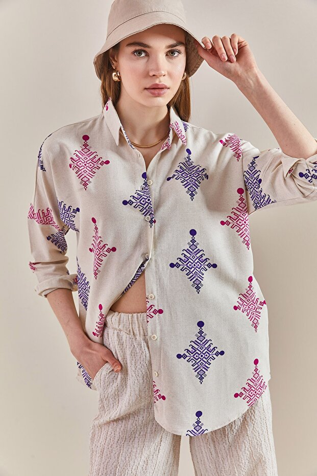 Women's Fuchsia Patterned Oversize Shirt 40501007