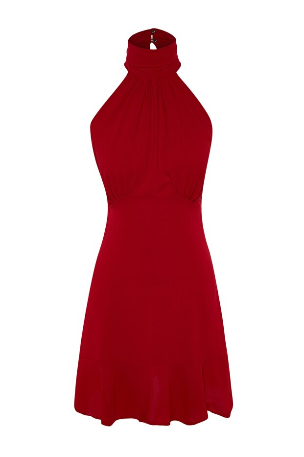 Kırmızı Halter Yaka A Kesim Astarlı Mini Dokuma Elbise TWOSS21EL1538 - 6
