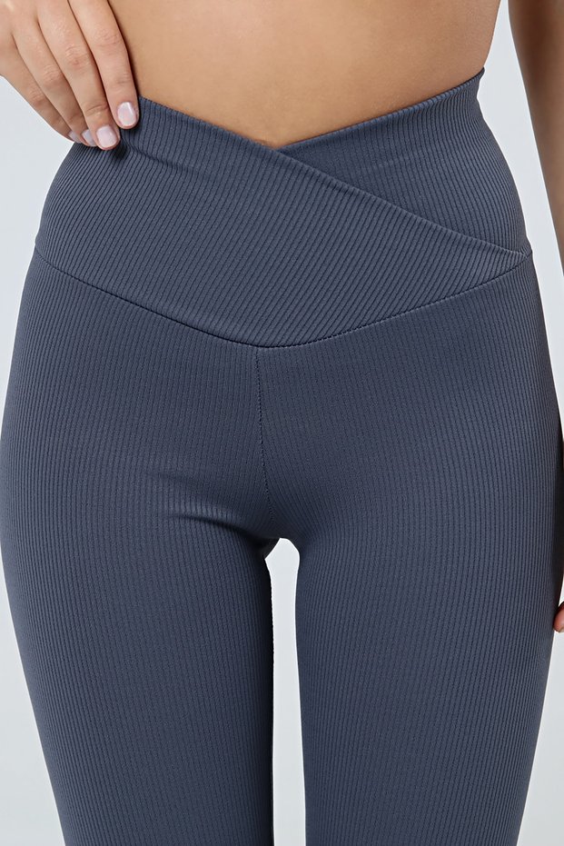 Indigo High Waist Ribbed Interlock Knitted Cross Waist Detailed Women's Tights